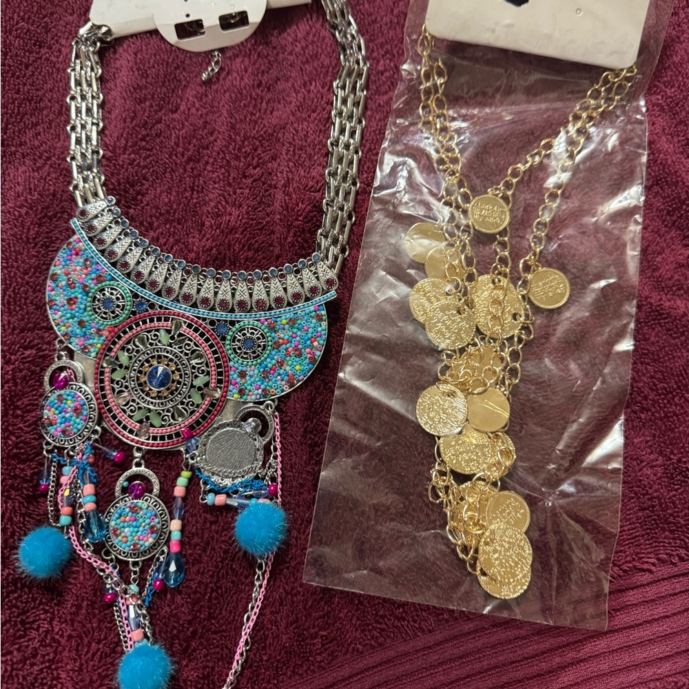 Colorful Statement Necklace with Gold Coin Chain